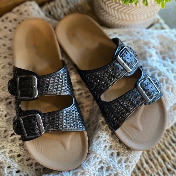 Black Double Buckle Woven Lightweight Slides - Picture 3 of 4